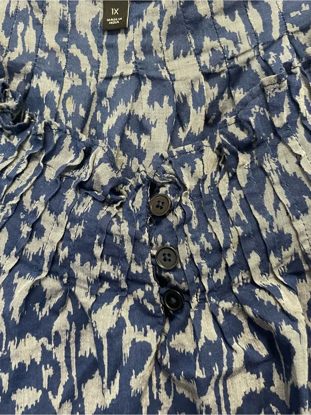 Talbots Women’s Size 1X Blue Gray Ikat Print Ruffle Boat Neck 3/4 Sleeve